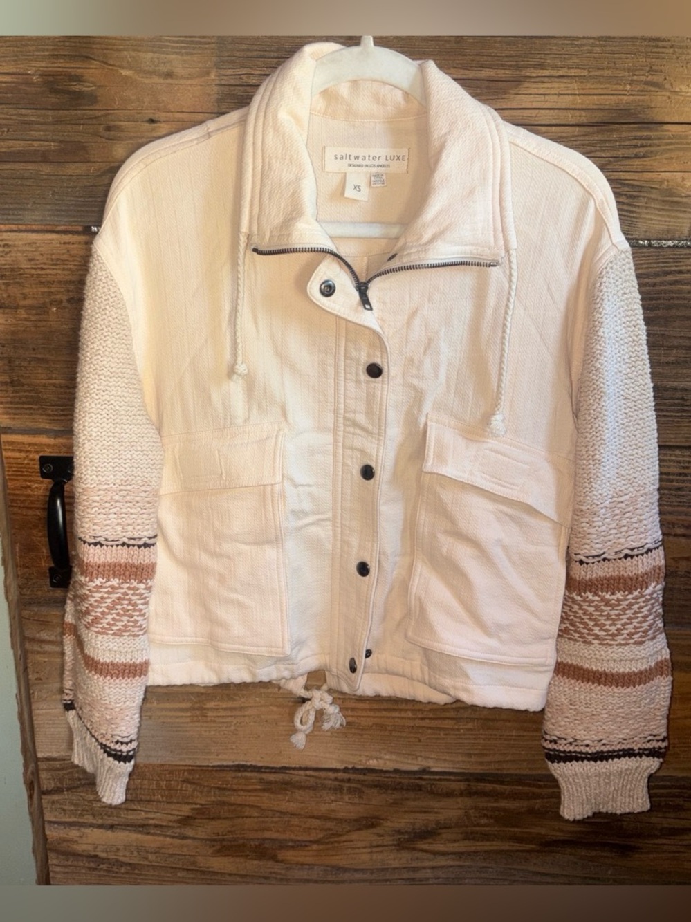 saltwater LUXE Cream Utility Jacket with Knit Sleeve Stripes